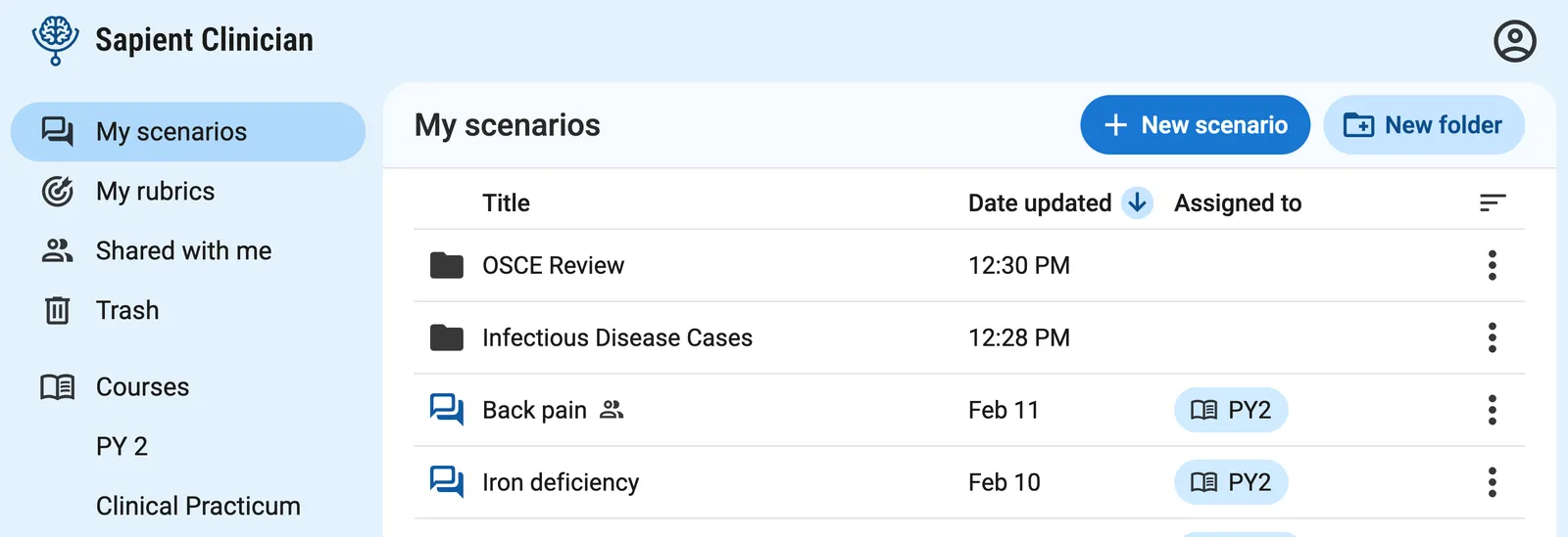 Sapient Clinician dashboard showing New folder button