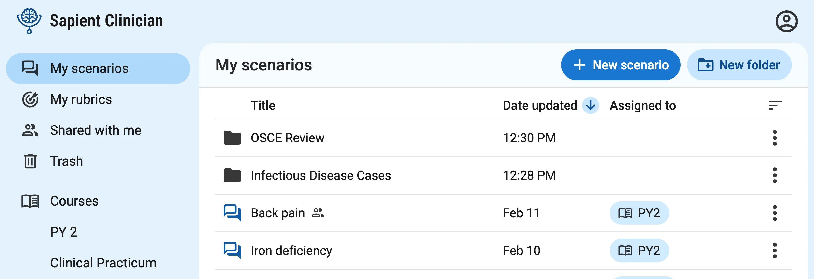 The "My scenarios" page of the dashboard which contains a list of scenarios and folders, and "New scenario" and "New folder" buttons. Each scenario has a title, date updated, and the name of the course(s) it's assigned to.