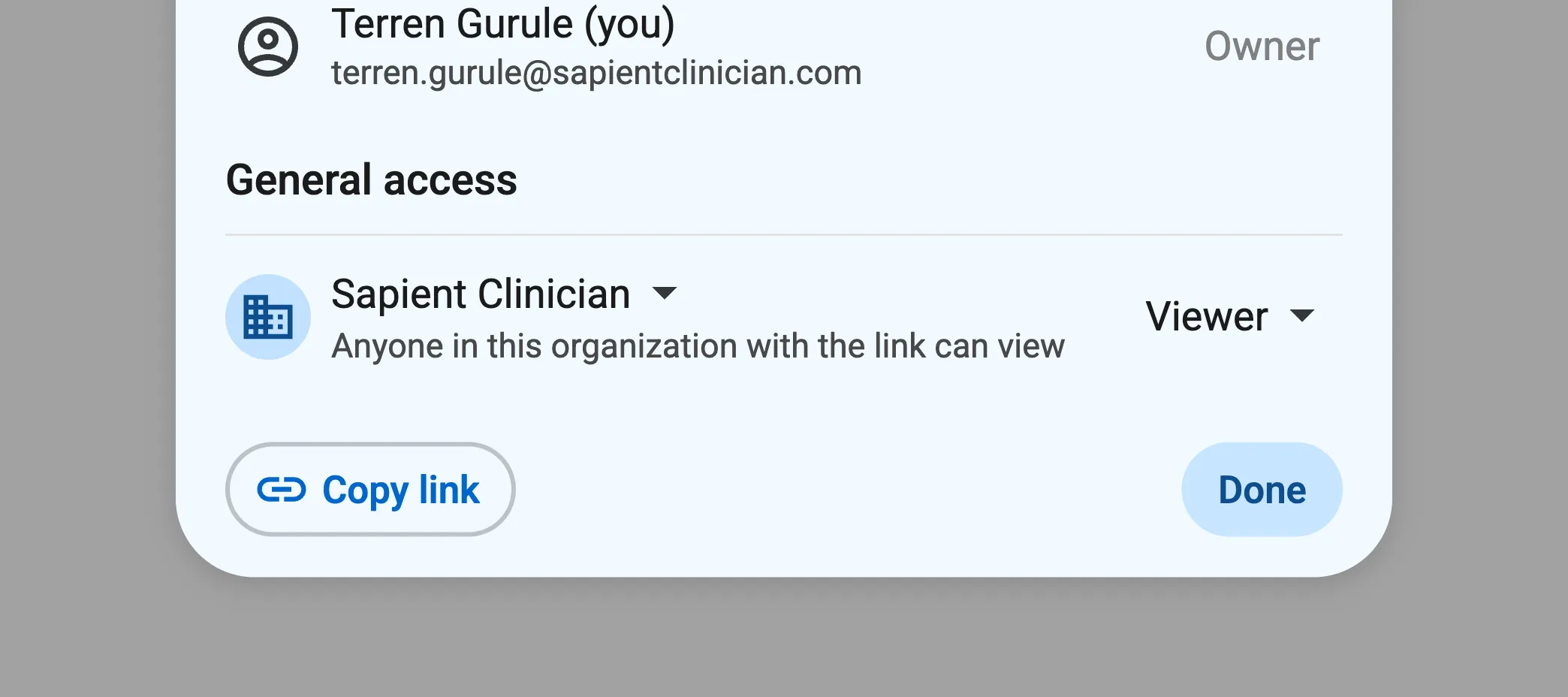 Share dialog with a single name entered into the "Add names or emails" box, a permission level dropdown set to "Editor", a checkbox labeled "Notify people" and checked, and a custom message that reads "Create your cases in here so we can both use them"