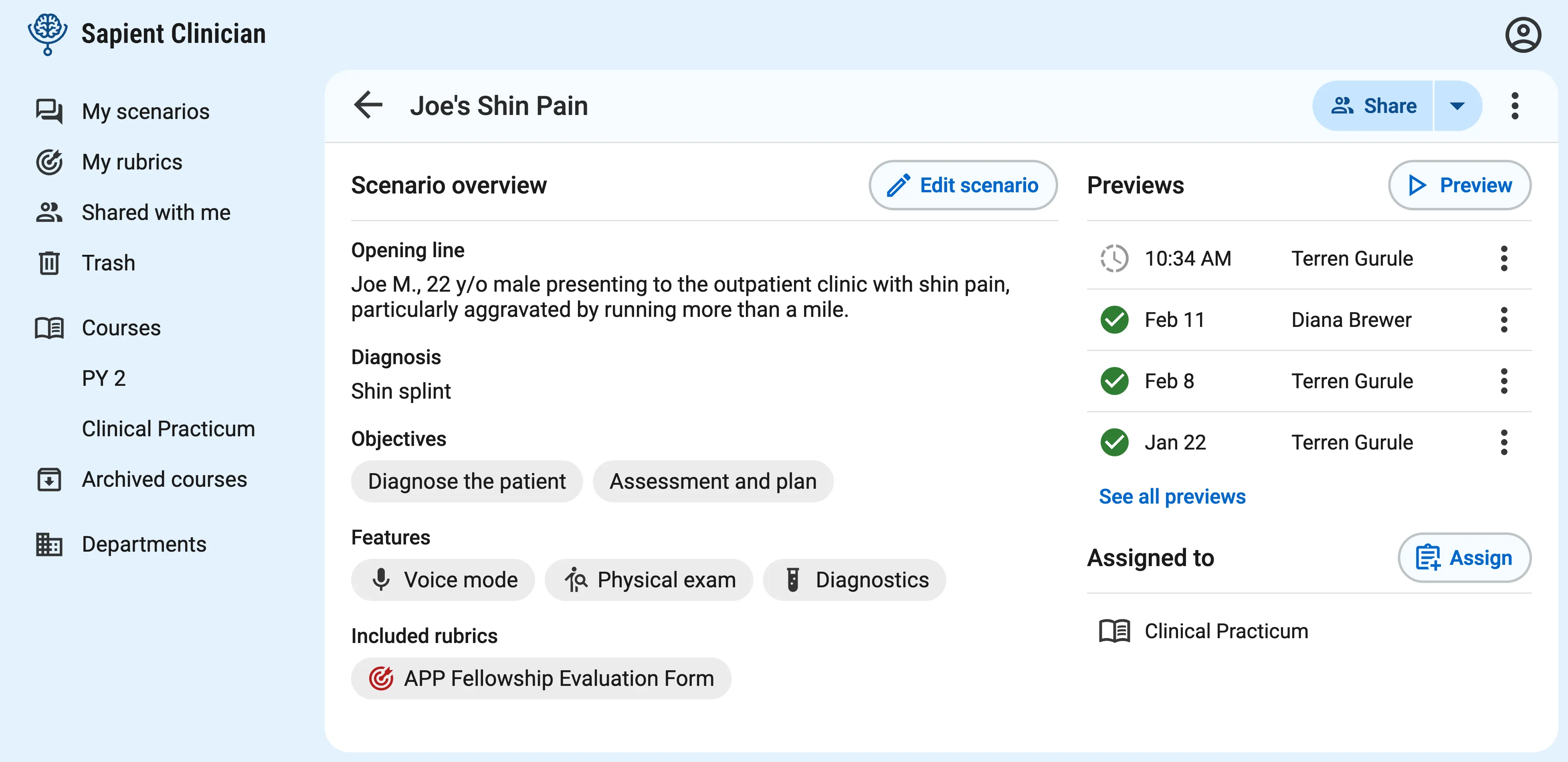 The scenario overview page with sections titled "Scenario overview", "Previews", and "Assigned to". The previews section has a "Preview" button to start a new one, and contains a list of preview entries each with a date/time and name. An icon indicates if the conversation was completed.