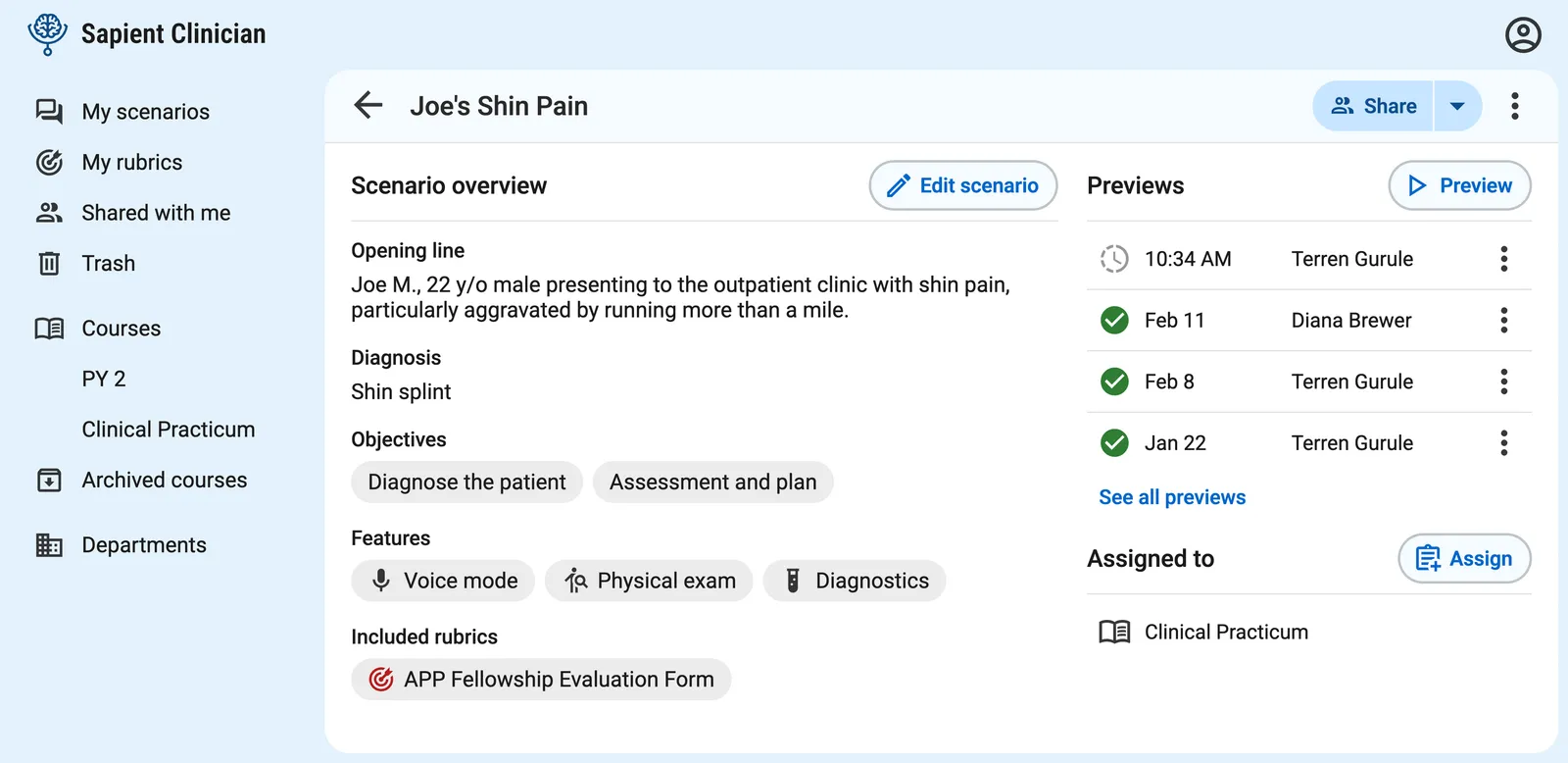 Scenario overview page showing past preview conversations