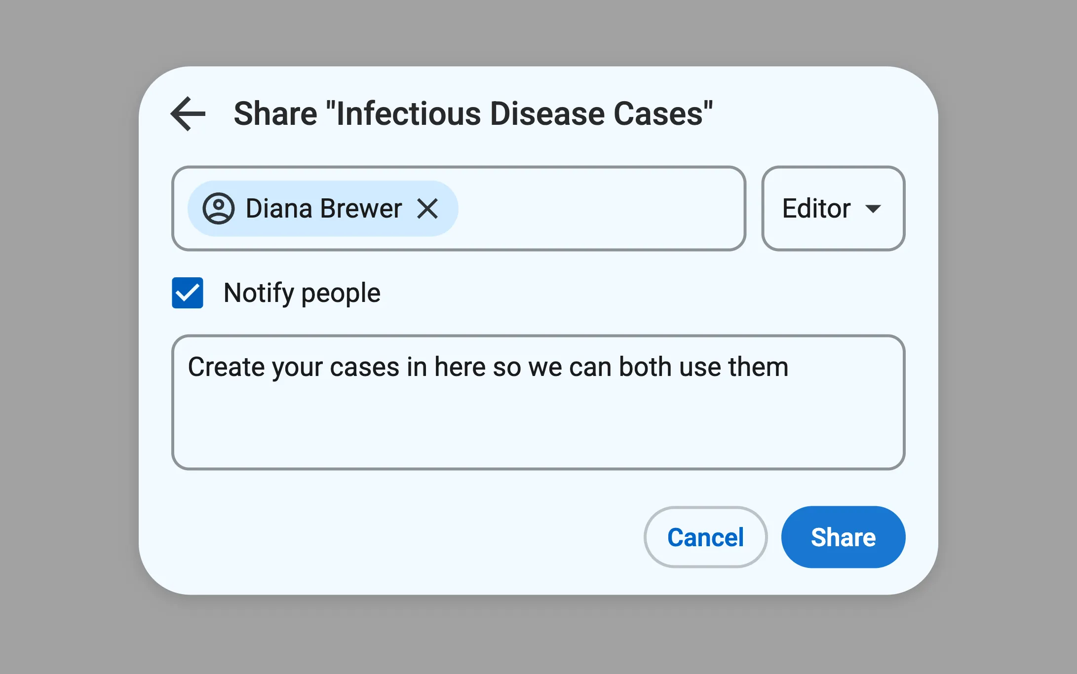 Share dialog with a single name entered into the "Add names or emails" box, a permission level dropdown set to "Editor", a checkbox labeled "Notify people" and checked, and a custom message that reads "Create your cases in here so we can both use them"