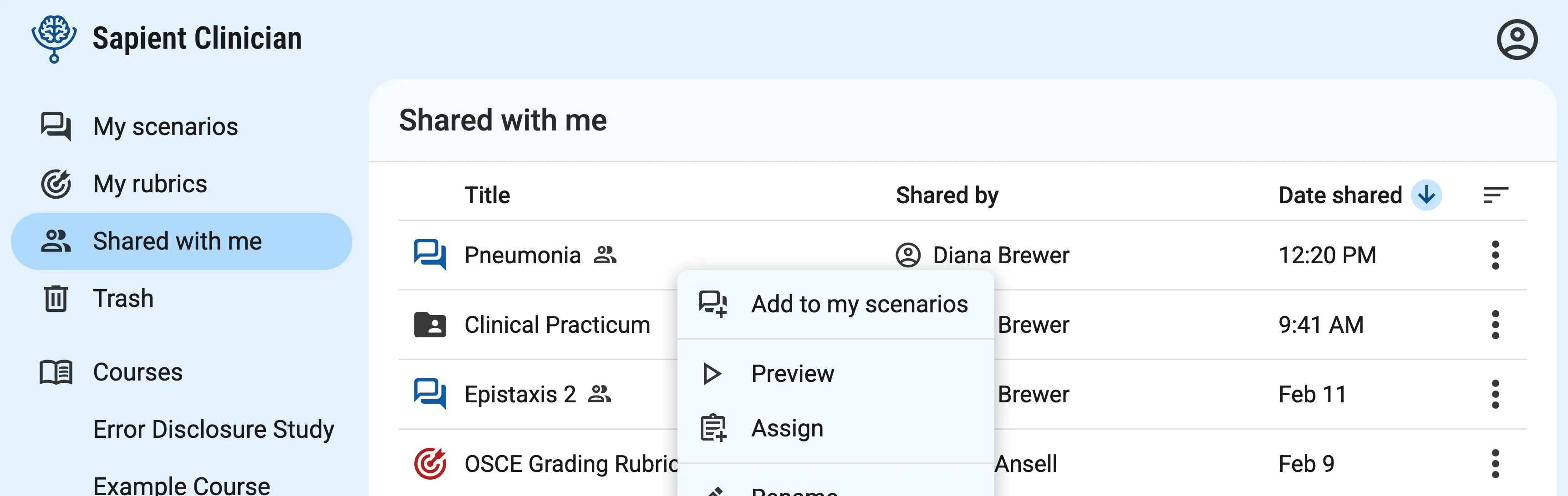 Shared with me section of the dashboard showing a list of files. The columns are "Title", "Shared by", and "Date shared". The right-click menu for a shared scenario file shows an "Add to my scenarios" option.