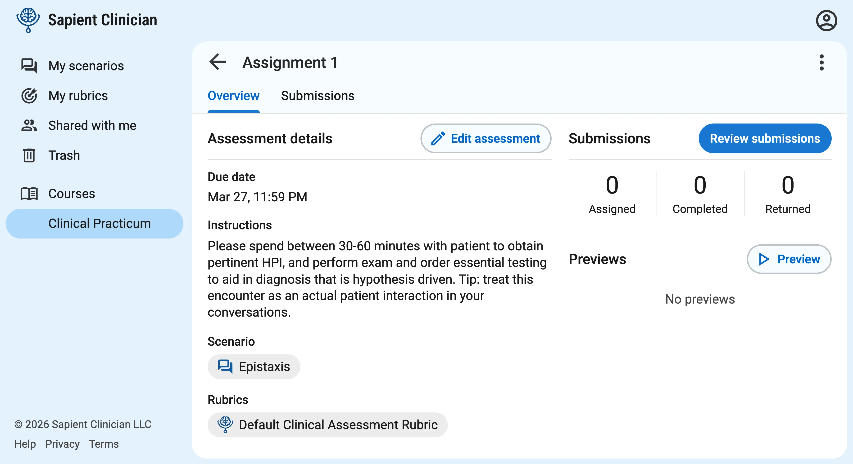 Assessment overview page