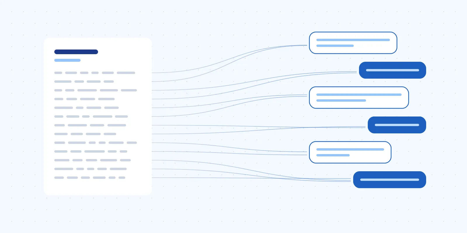 Abstract illustration: lines of a written case document flowing into a series of chat bubbles