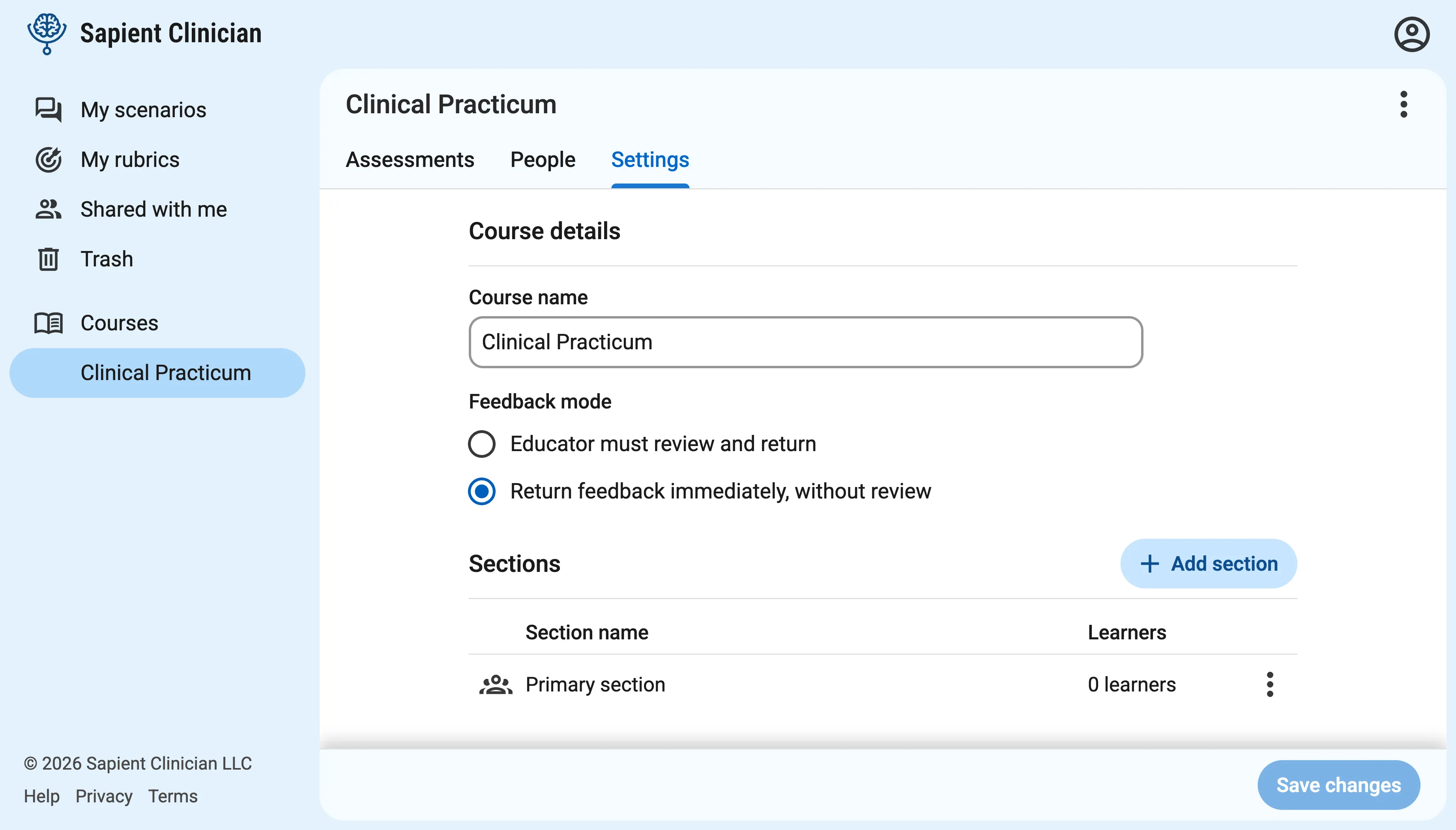The "Settings" tab of a course, with two sections visible: "Course details" and "Sections". Within the first section, a "Course name" textbox set to "Clinical Practicum", and a "Feedback mode" choice with two options: "Educator must review and return" and "Return feedback immediately, without review". In the second section, a list of sections each with a name and number of learners, and a button for "Add section".