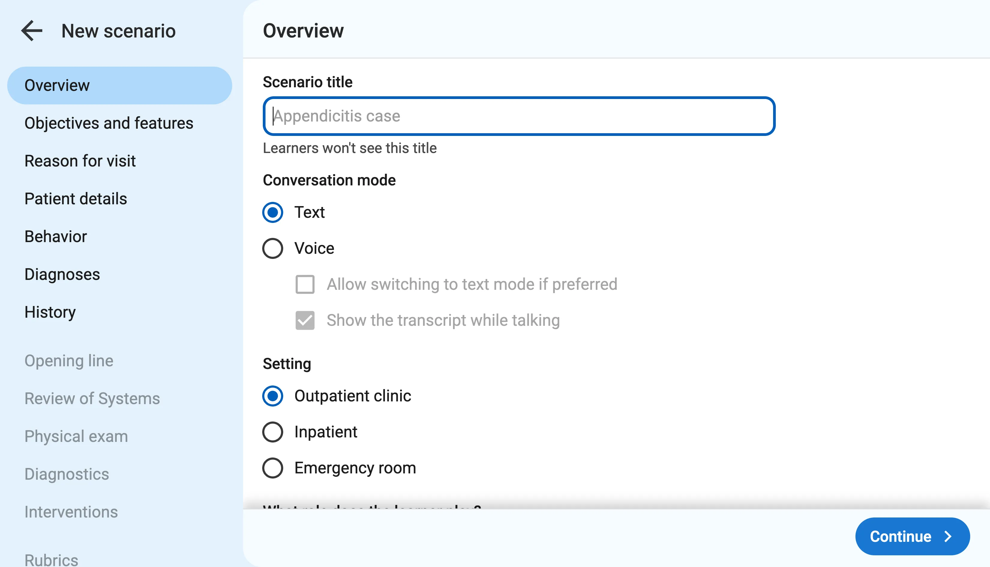First half of the scenario creation form