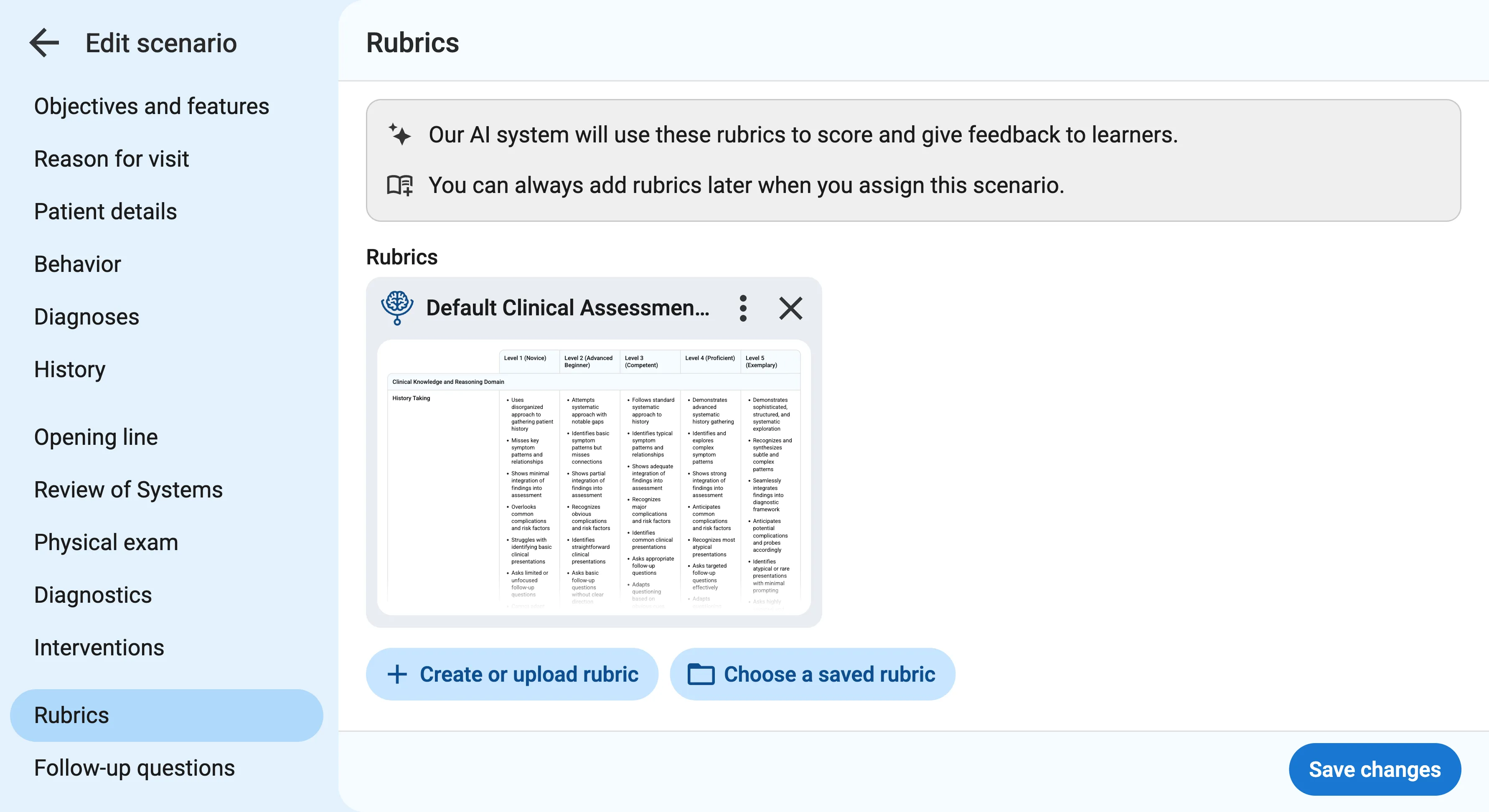 Rubrics section of the scenario creation form