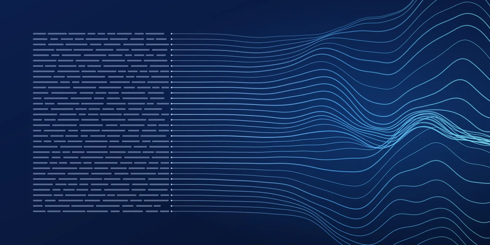 Abstract illustration: rows of short dashes, like lines of a script, turn into flowing, curving lines