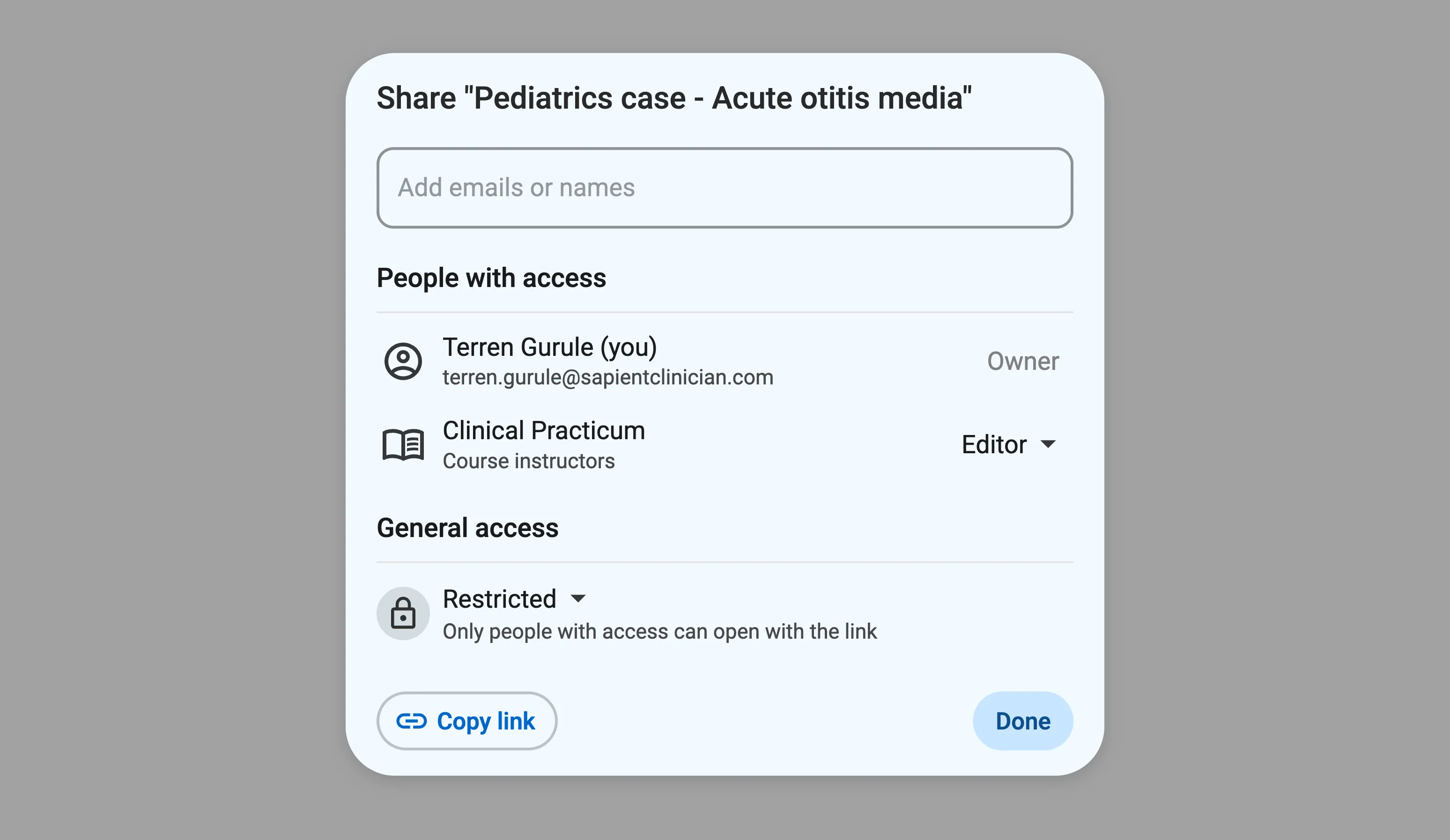 A share dialog box for a scenario. In the "People with access" section is an entry with a course icon that reads "Clinical Practicum - Course instructors", and a dropdown set to "Editor".