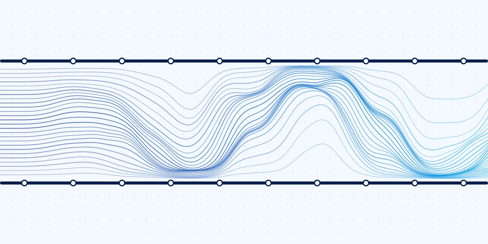 Abstract illustration: flowing lines that wander freely between two fixed rails